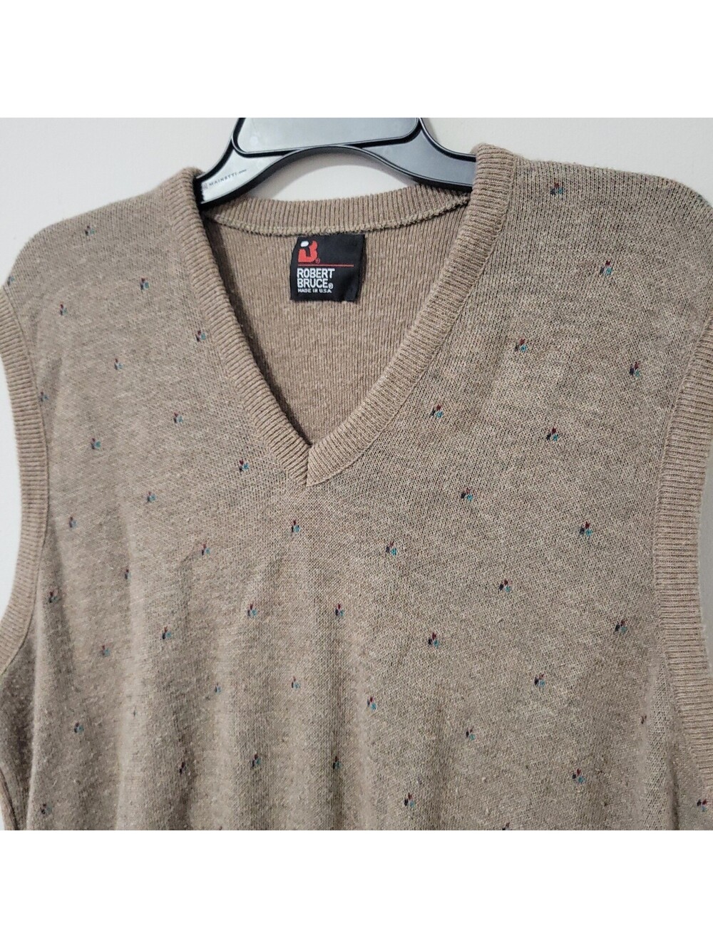 Vintage Robert Bruce Sweater Vest Mens 2XL Tan Fleck V-Neck Made USA Grandpa